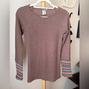 Earthbound Brown Waffle Knit Top Crochet Cuffs Women’s Sz Small Long Slve Shirt